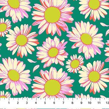 Sunshine Daisies in Emerald Printed Cotton, Daisy Crush