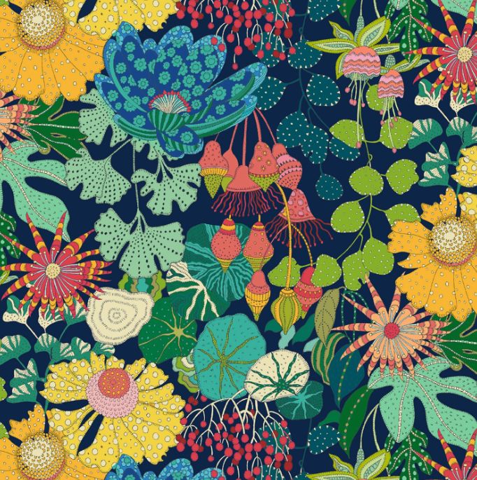 Peony Park in Indigo Printed Cotton, Sunshine