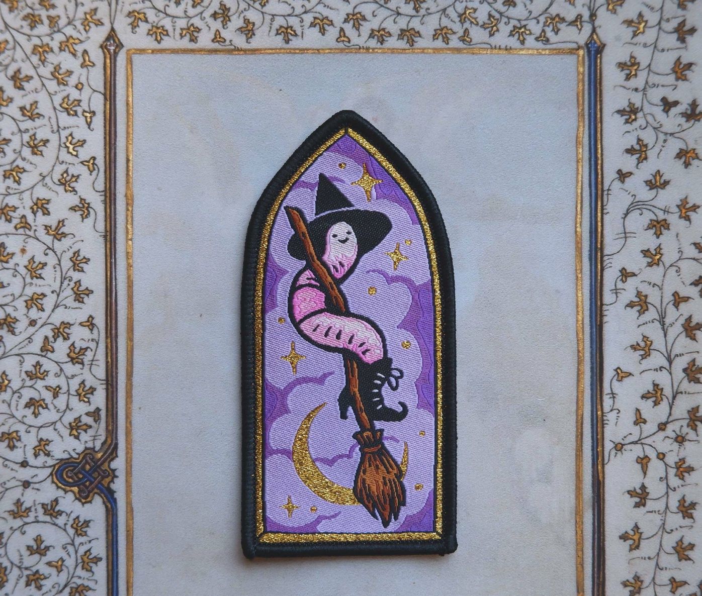 Worm on a Broom Woven Patch, Cat Coven
