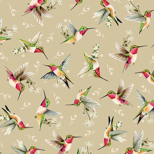 Hummingbird Toss Tan, Into the Meadow, Printed Cotton
