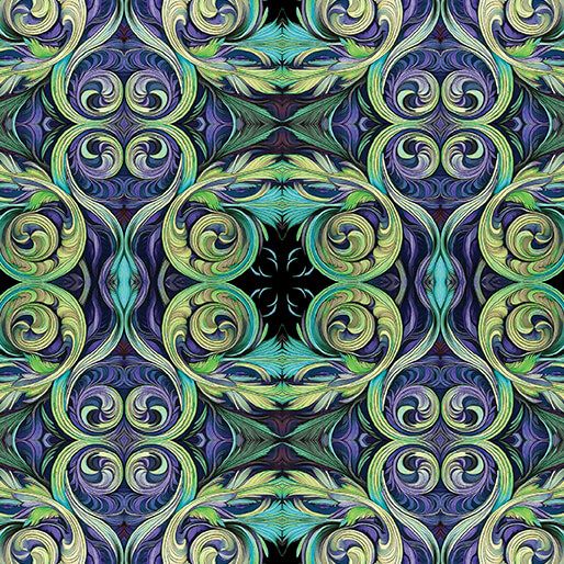 Scroll Work Turquoise and Purple, Incandescent, Printed Cotton
