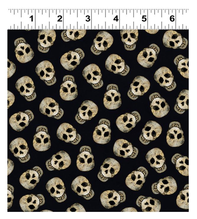 Skulls in Black, Emerald Hollow, Printed Cotton