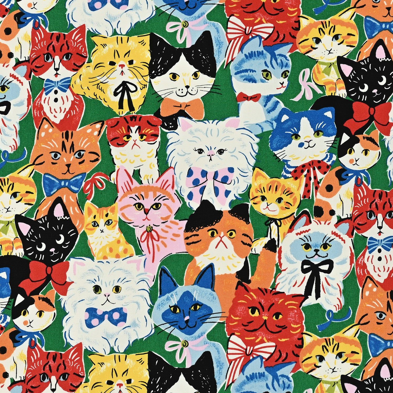 Powerful Animal Cat in Green, COtton Oxford, Kokka