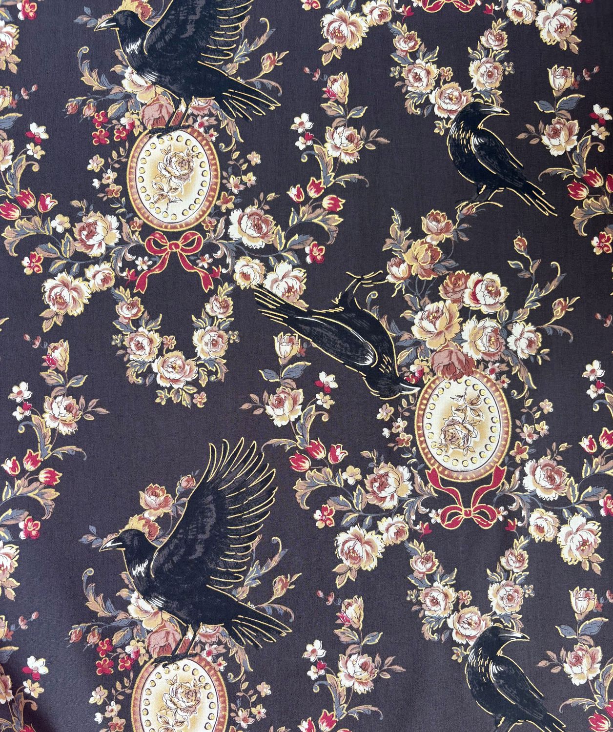 Ravens &amp; Flowers, Cotton Print, Japanese Import