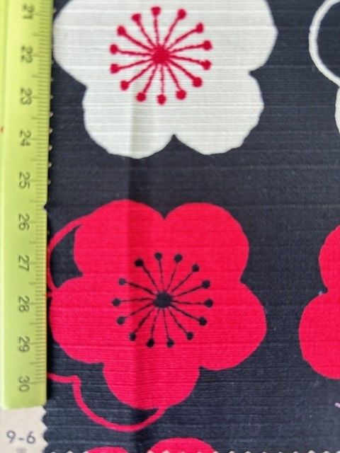 Cherry Blossom Floral, Red and Black, Cotton Shantung, Japanese Import