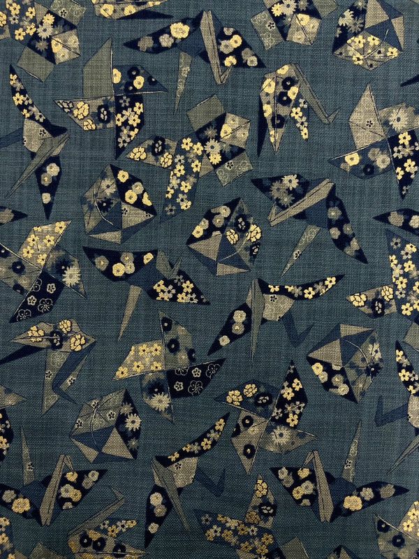 Origami Cranes Gray Navy and Gold Metallic, Cotton Canvas, Japanese Import