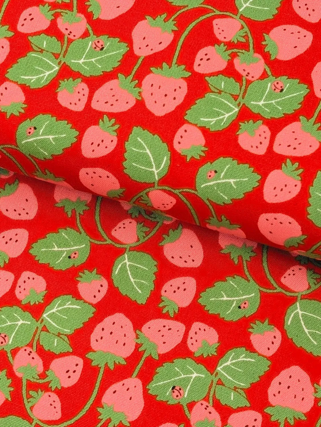 Sevenberry Strawberries on Red, Printed Cotton Oxford, Japanese Import