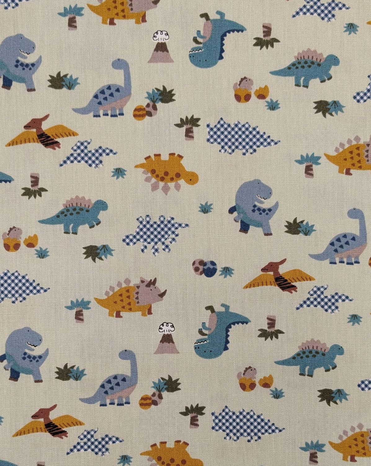 Checked Dinosaur Print in Blue, Cotton Poplin, Japanese Import