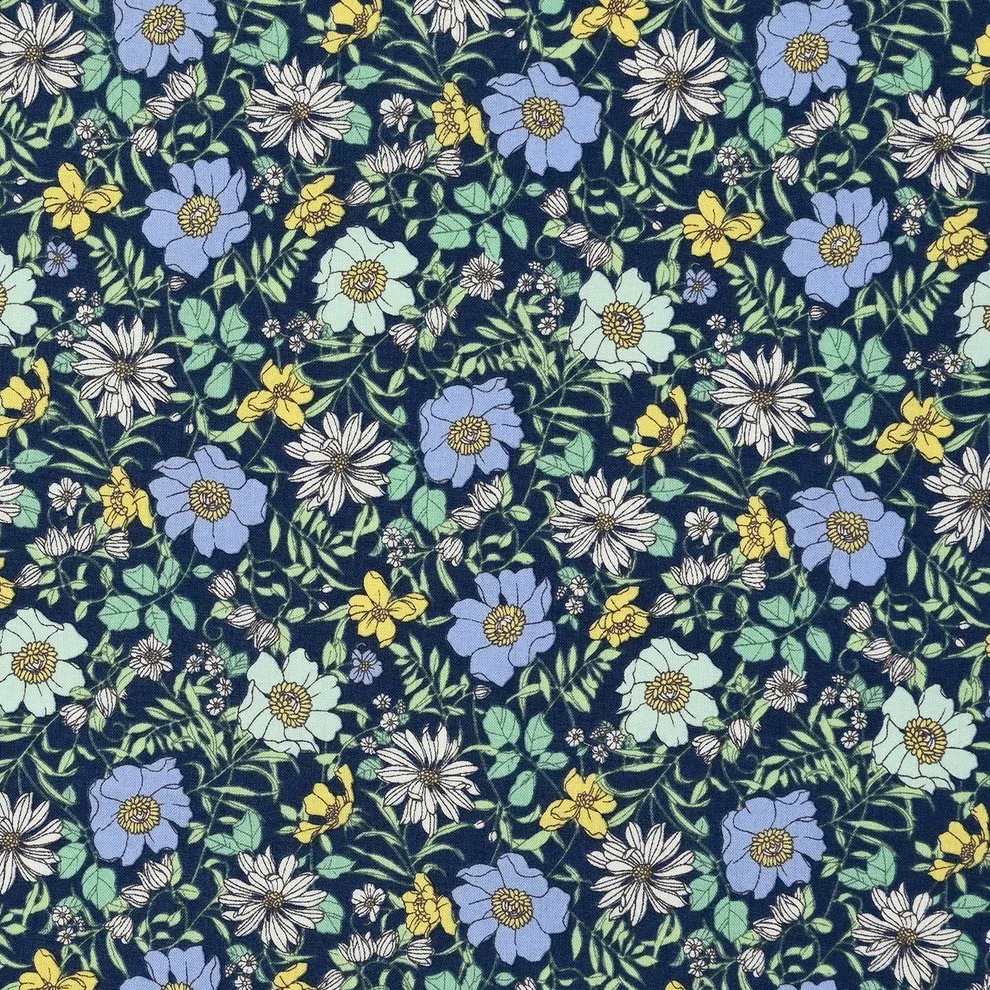 Flownny Poppy Garden Cotton Lawn - Blue x Navy by Kokka