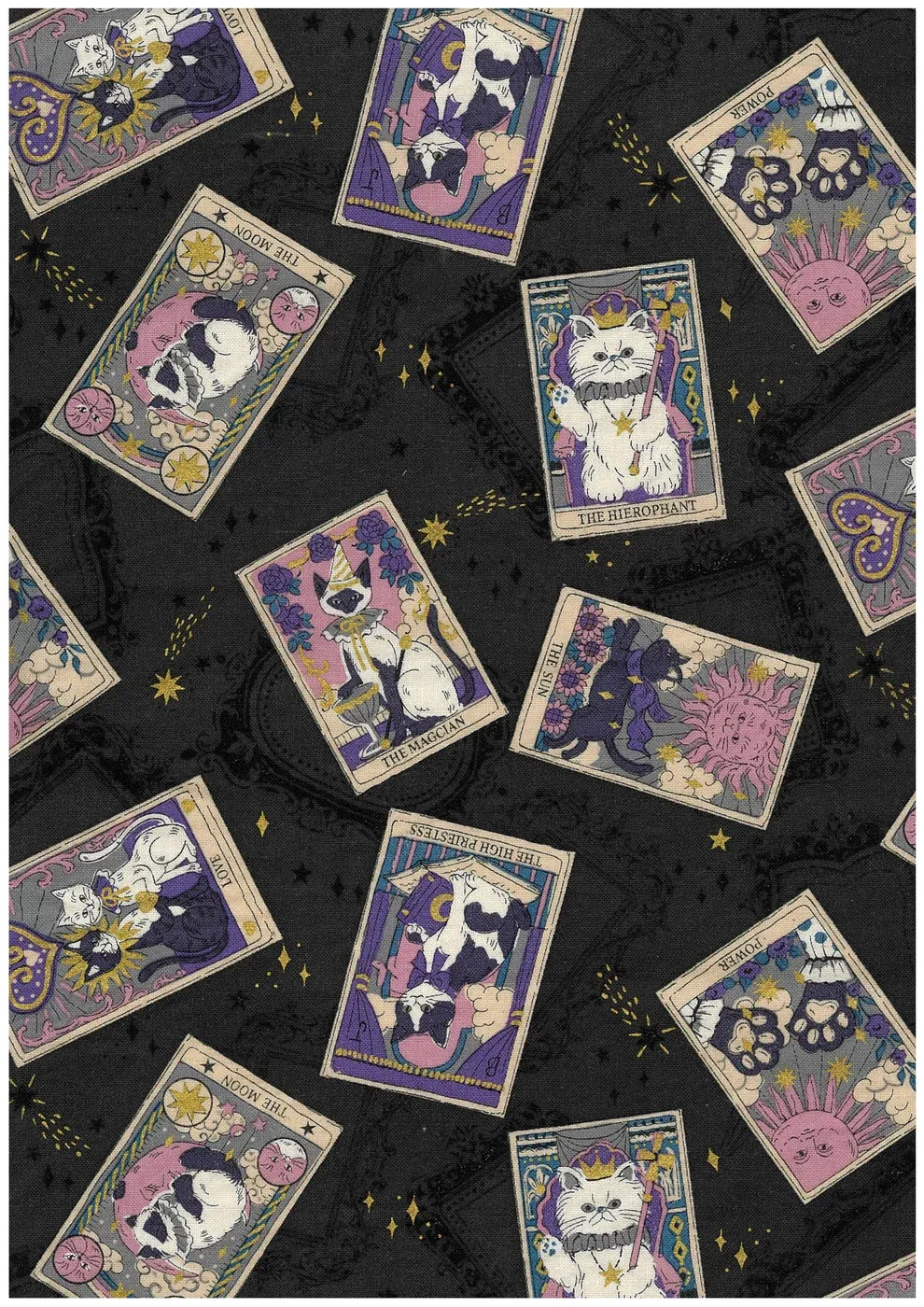 Kokka, In the Darkness, Tarot Cat Cotton Sheeting in Lavender on Charcoal