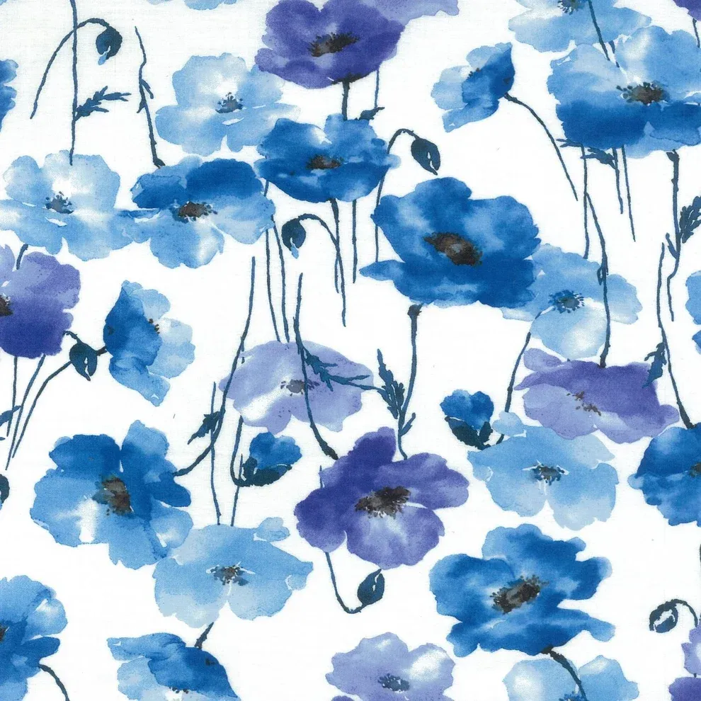 Kokka Flownny Cotton Lawn - Watercolor Poppy in Blue on White