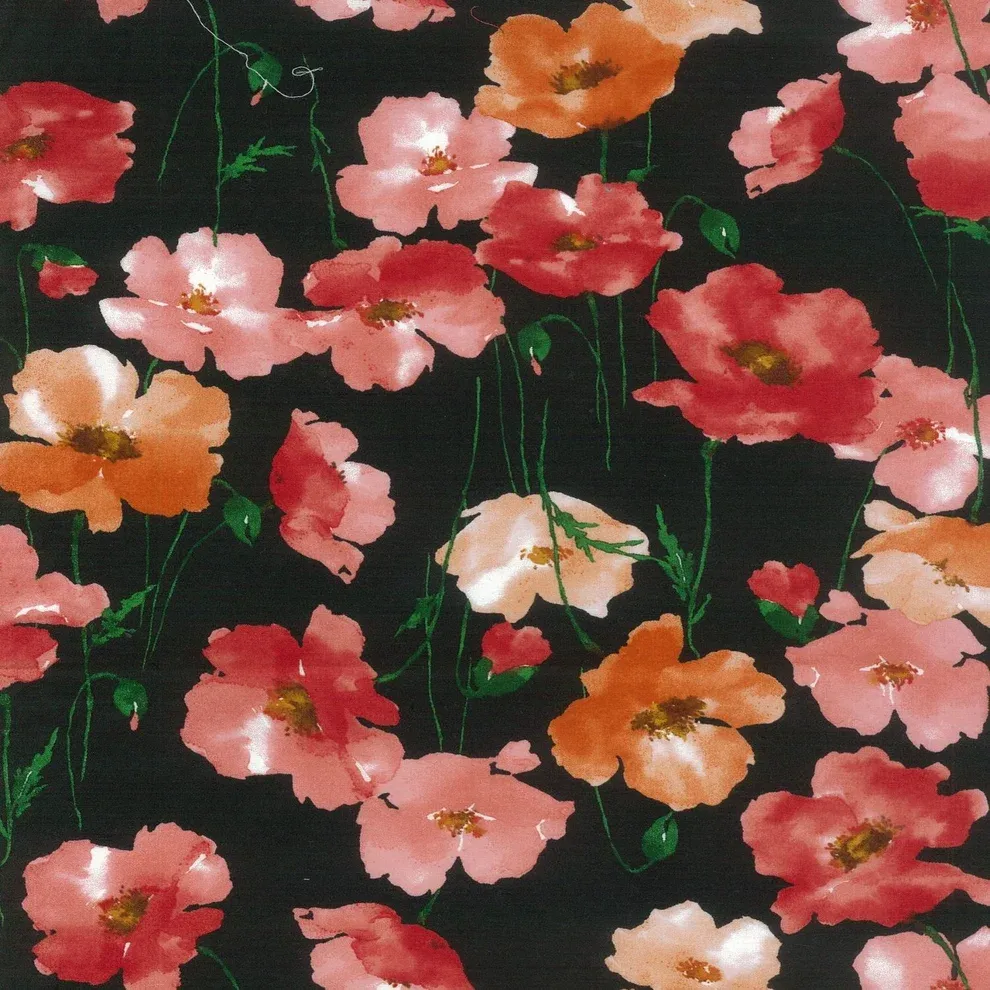 Kokka Flownny Cotton Lawn - Watercolor Poppy in Red on Black