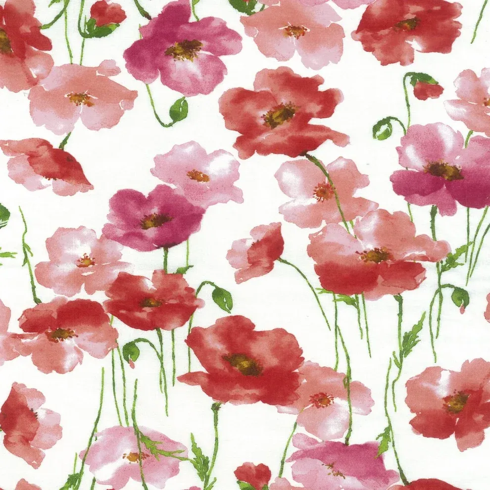 Kokka Flownny Cotton Lawn - Watercolor Poppy in Red on White