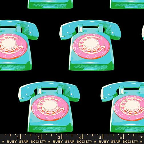 Telephones on Black, Sparkle Mart, Printed Cotton