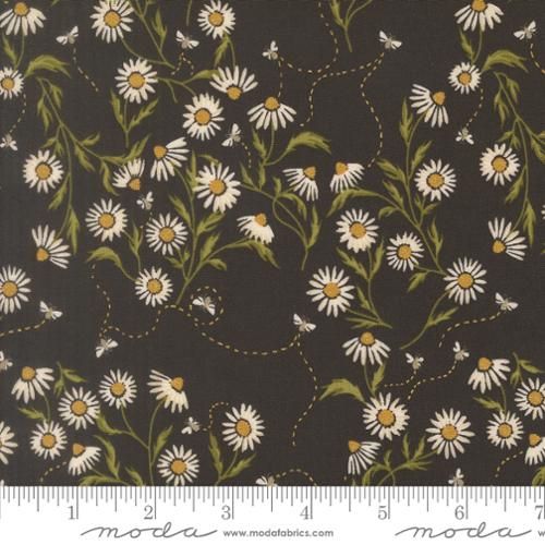 Cone Flower and Bees in Midnight Metallic, Ladybug Whimsy, Printed Cotton