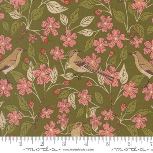 Blossoms and Birds in Grass Metallic, Ladybug Whimsy, Printed Cotton