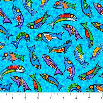 Fish in Turquoise Multi, The Four Seasons, Printed Cotton