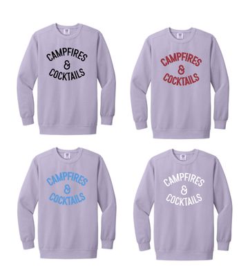 Campfires &amp; Cocktails Comfort Colors Ring Spun Crewneck-Build Your Own Color Combo-6 Garment Colors, 4 Logo Colors