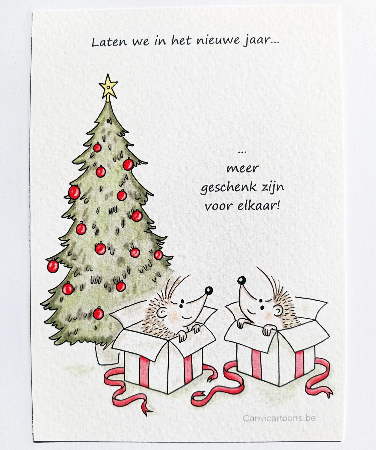 Nieuwjaarskaart Egels onder de kerstboom