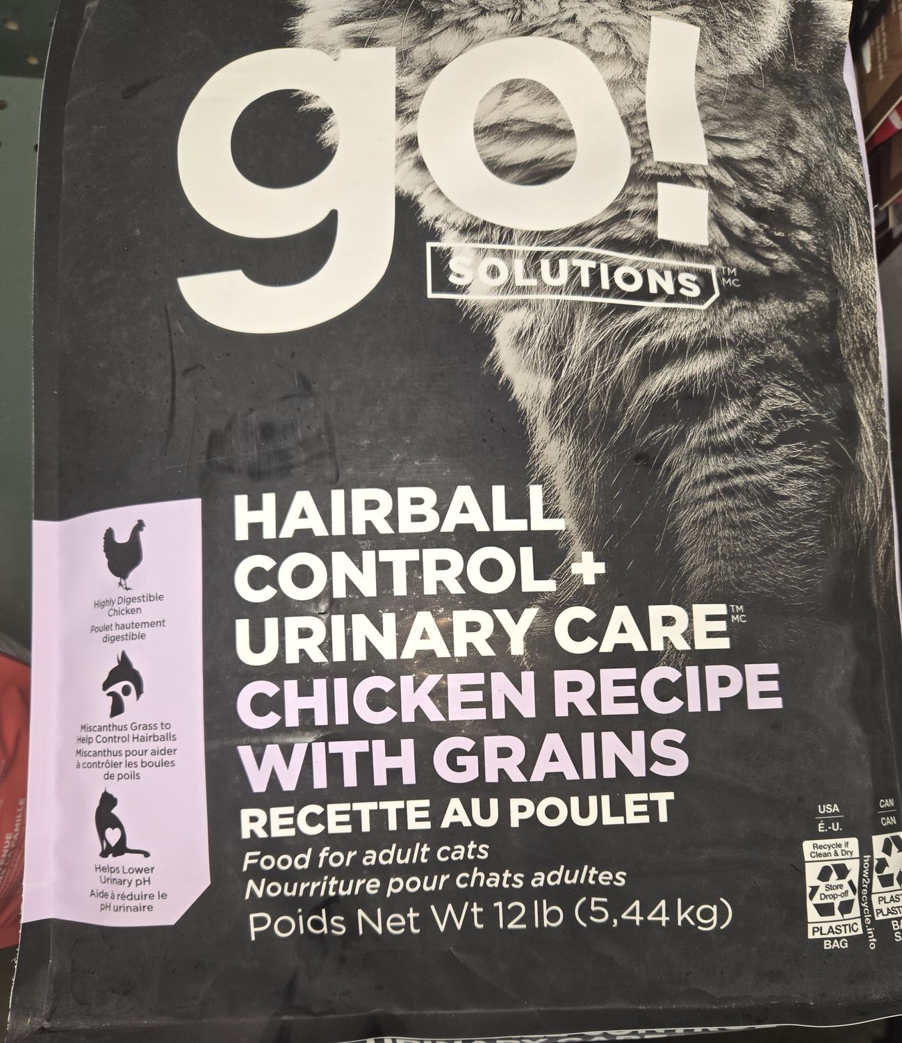 G0! Hairball &amp; Urinary Diet Ckn w/Grains Cat Food 12Lb