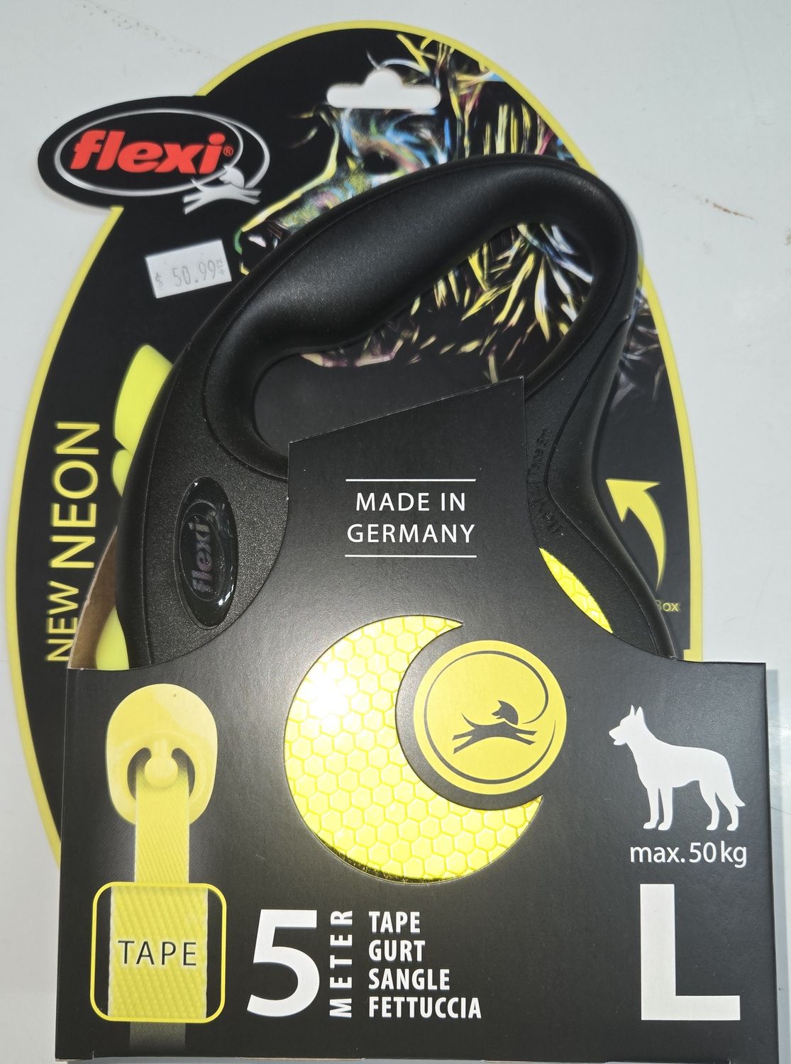 Flexi Retractable Leash Lg 5m tape neon yellow