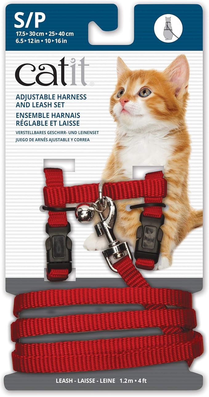 Catit Adjustable Nylon Harness &amp; Leash Set med red