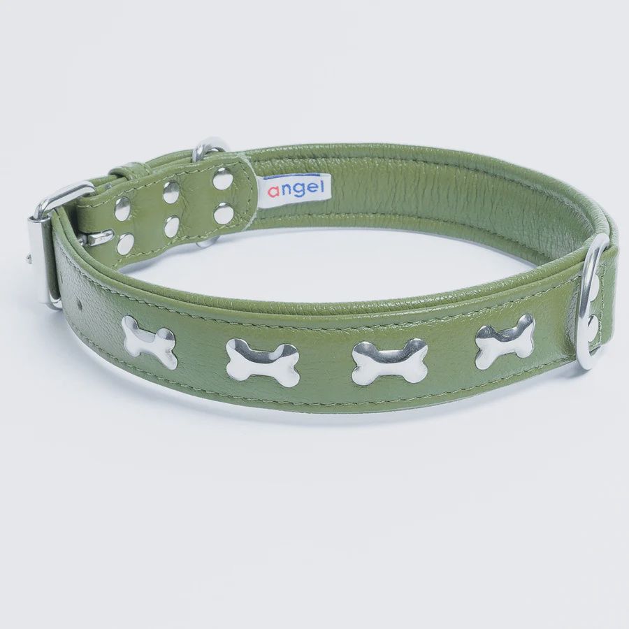 Angel Leather Bones Collar  20"x1" Olive Green