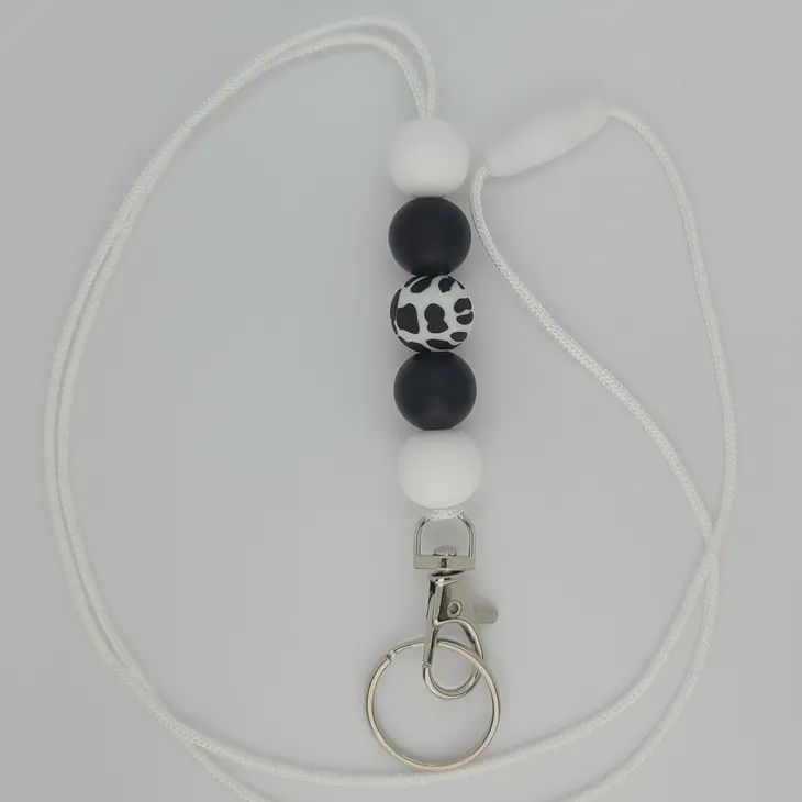 Cow Print Beaded Lanyard/Black &amp; White