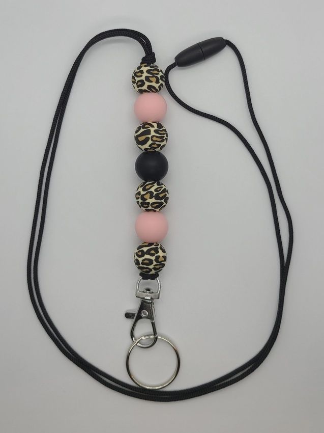 Leopard Print Beaded Lanyard/Pink &amp; Black