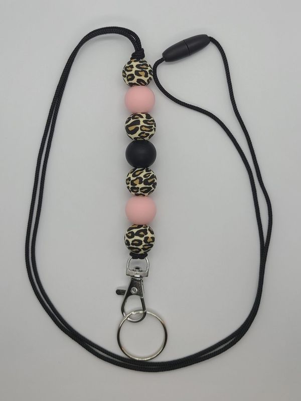 Leopard Print Beaded Lanyard/Pink &amp; Black