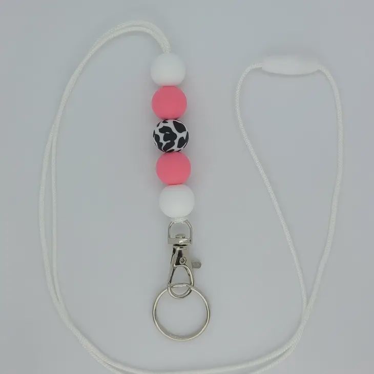 Cow Print Beaded Lanyard/Pink &amp; White