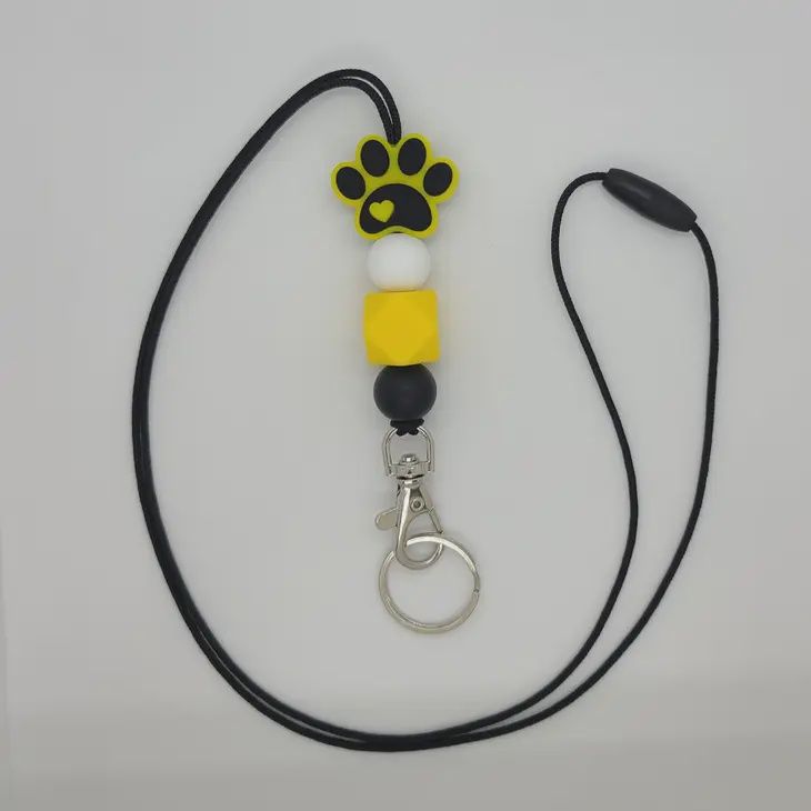 Black &amp; Yellow Paw Print Beaded Lanyard