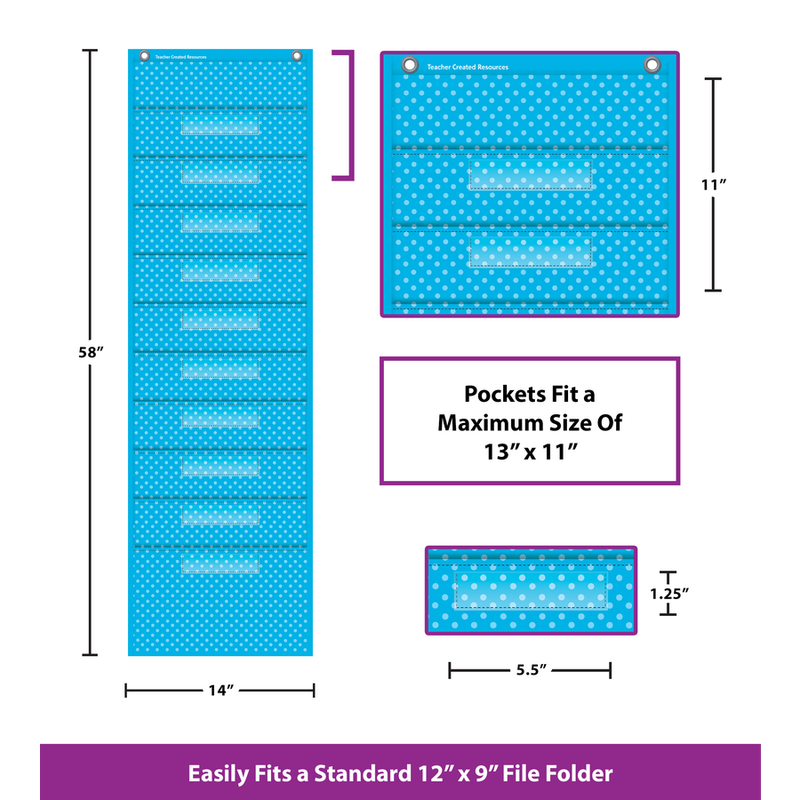 Aqua Polka Dots 10 Pocket File Storage Pocket Chart (14&quot; x 58&quot;)