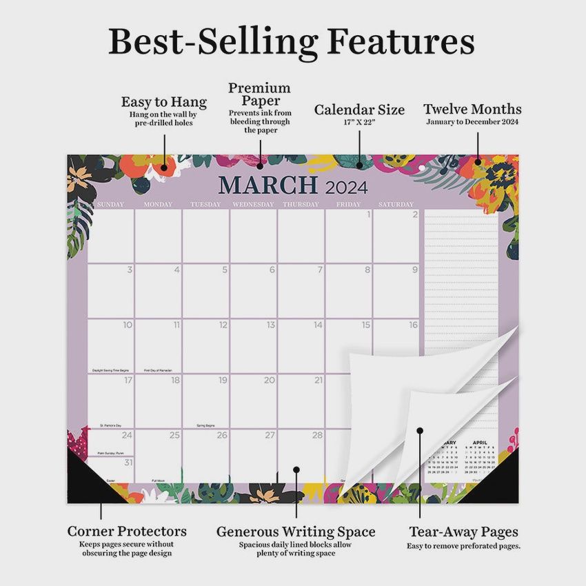 2024 Floral Medium Desk Pad Monthly Blotter Calendar