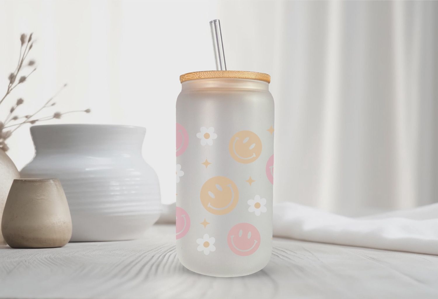 Smiley Faces Glass Jar/Can Tumbler