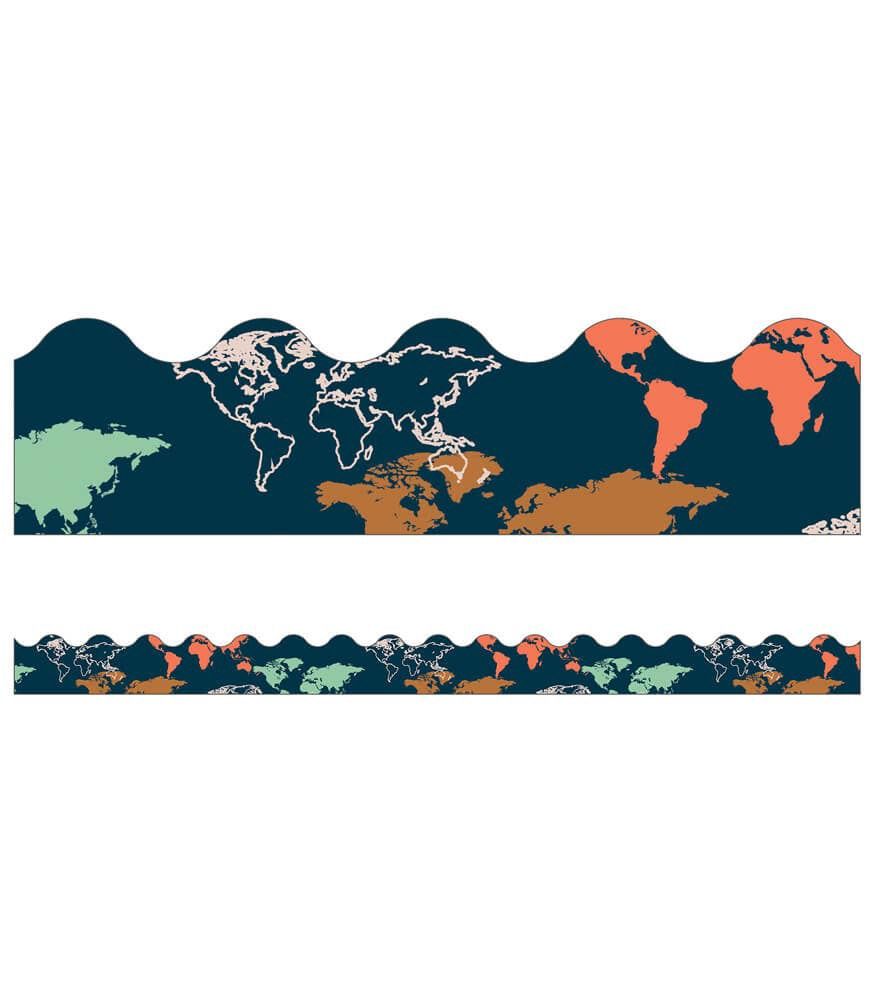 Let's Explore World Map Scalloped Bulletin Board Borders