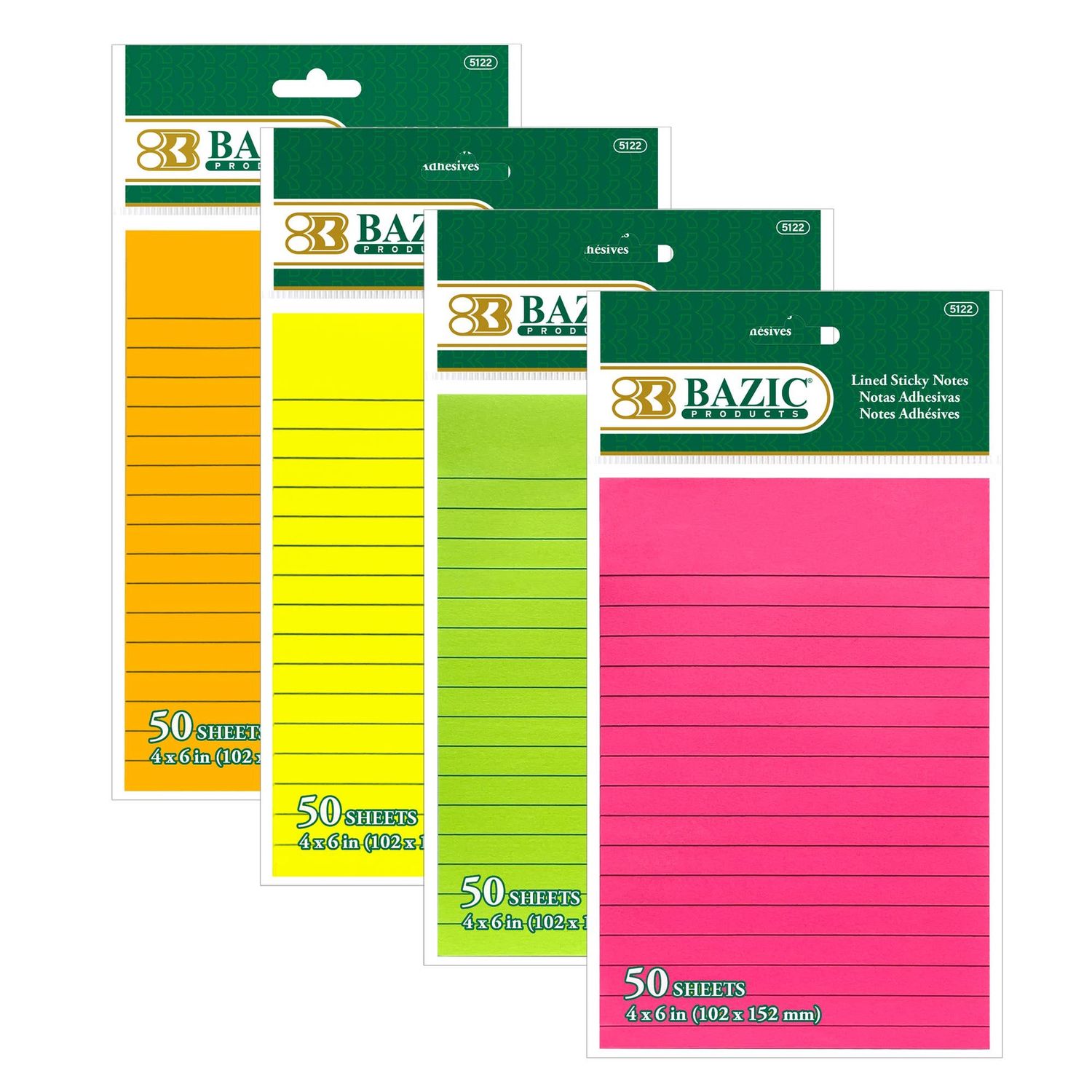 Neon Lined Sticky Notes, 4 x 6 In, 50 Sheets: 24