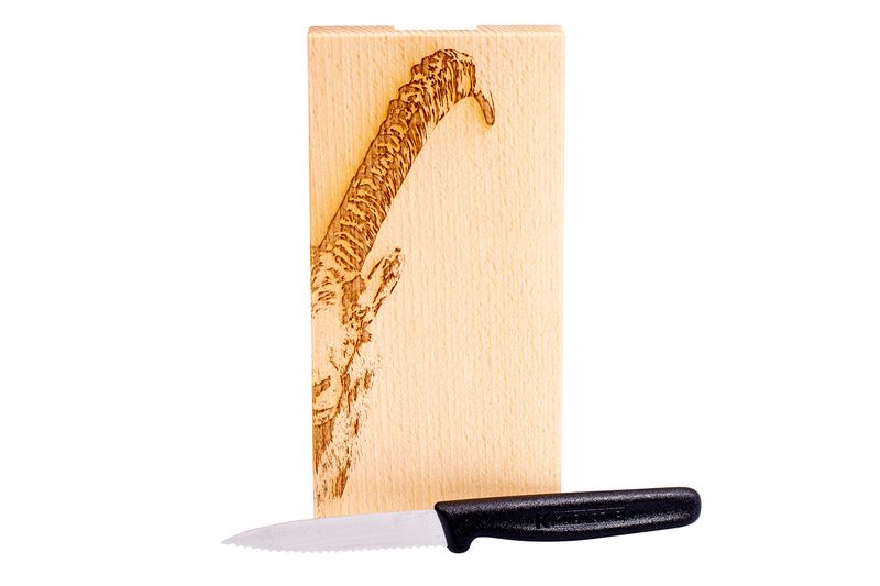 Kadastar Steinbock Aserbrettli mit Messer und Stoffsäckli 18,5x9x2 cm