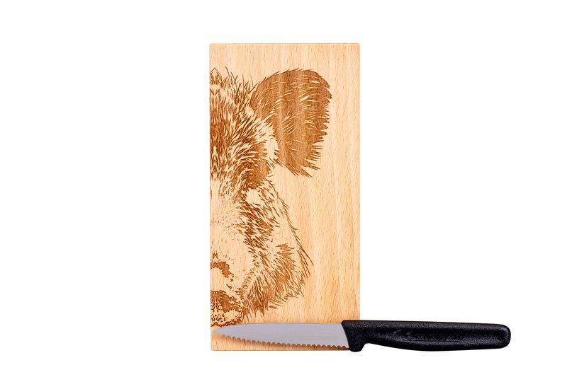 Kadastar Wildschwein  Aserbrettli mit Messer und Stoffsäckli 18,5x9x2 cm