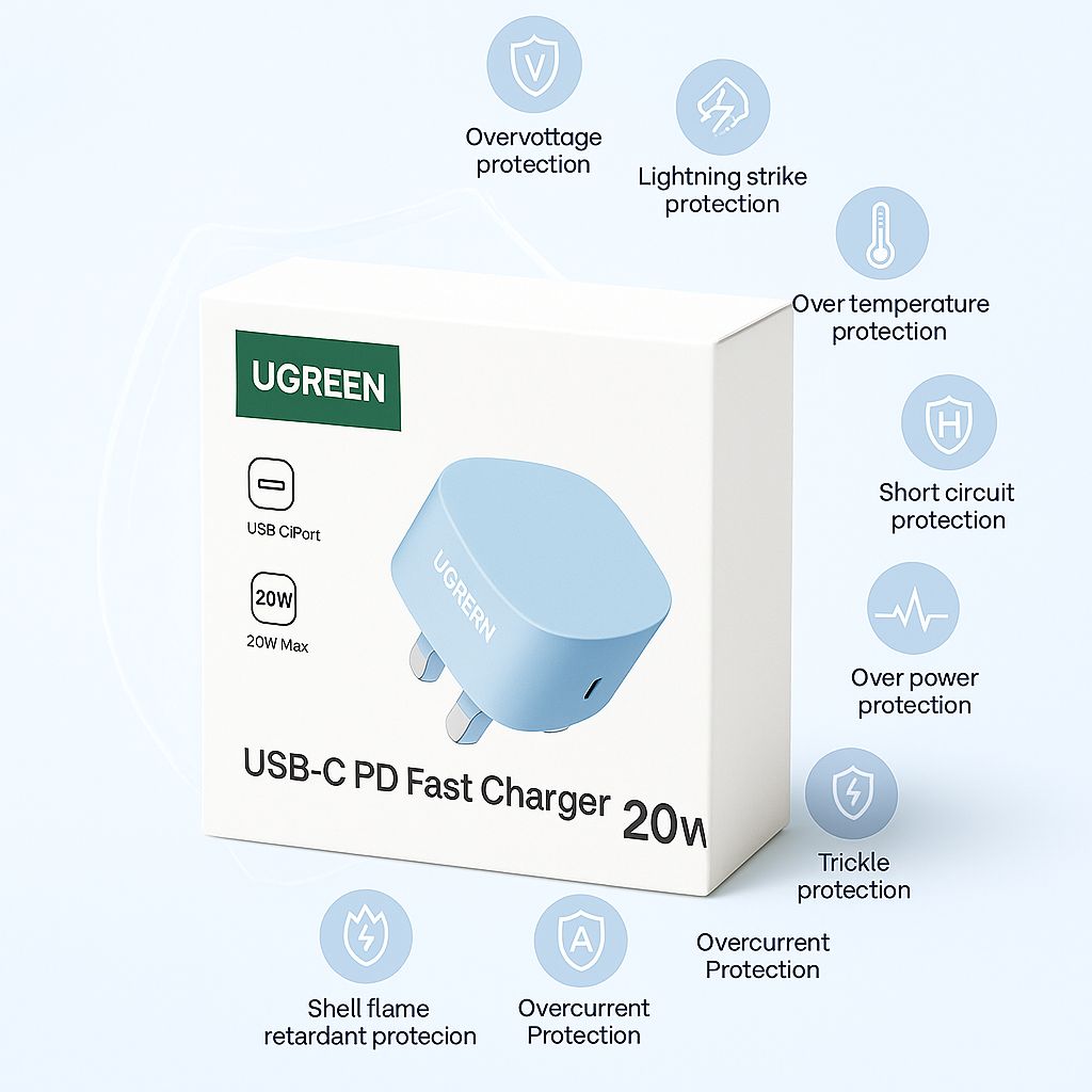 UGREEN 20W USB-C PD Fast Charger | Compact UK Plug Power Adapter for iPhone &amp; Android
