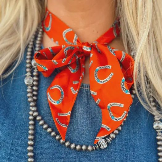 WEST &amp; CO. SILVER AND TURQUOISE HORSESHOE PATTERN SILK TWILLY - BURNT ORANGE