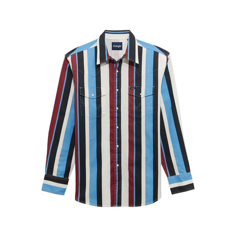 WRANGLER MEN'S LONG SLEEVE VINTAGE INPSIRED BRUSHPOPPER PEARL SNAP - BLUE MULTI