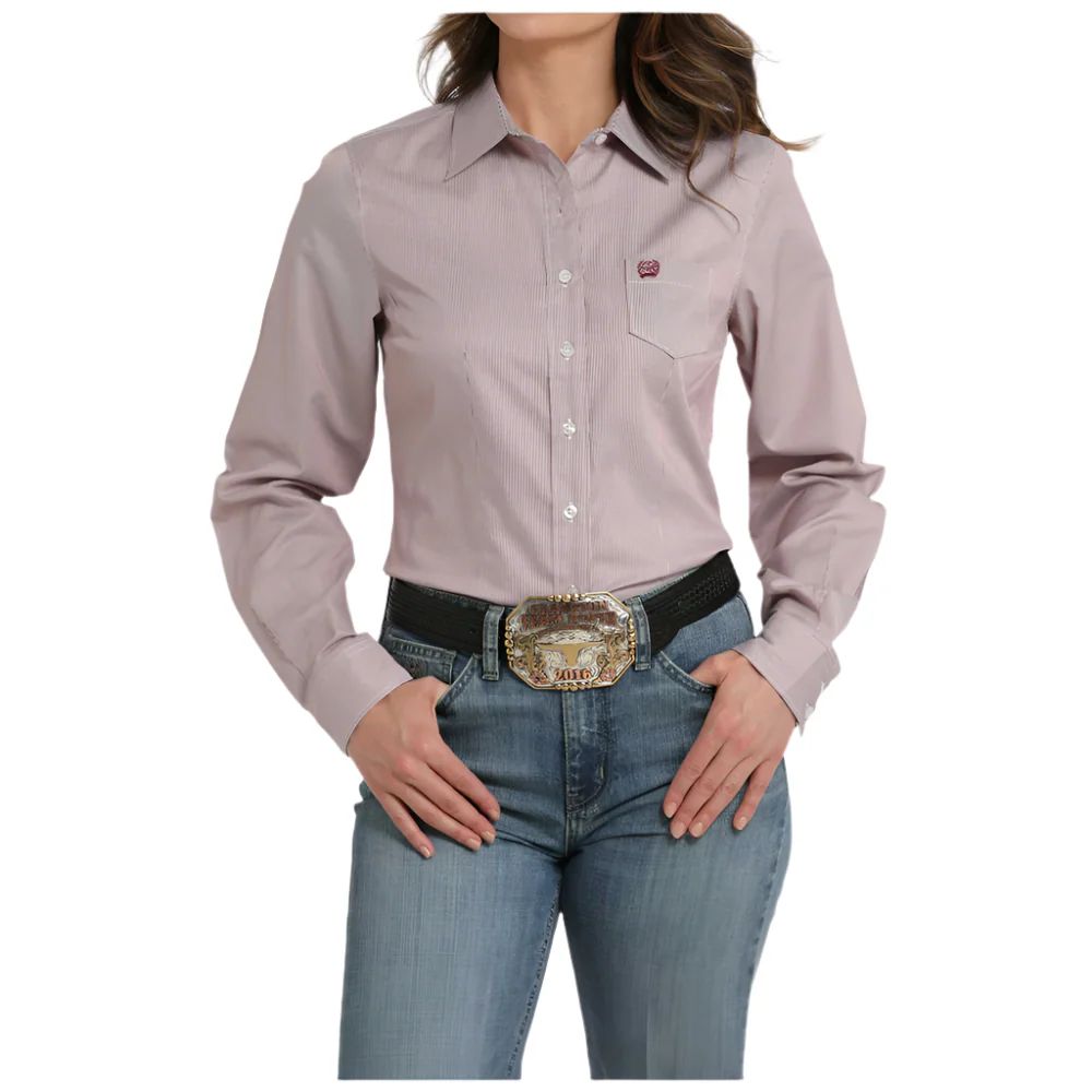 CINCH WOMEN'S TENCEL STRIPE LONG SLEEVE SHIRT - PINK