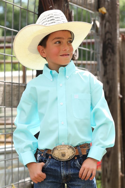 CINCH BOYS' SOLID LONG SLEEVE BUTTON SHIRT - TURQUOISE
