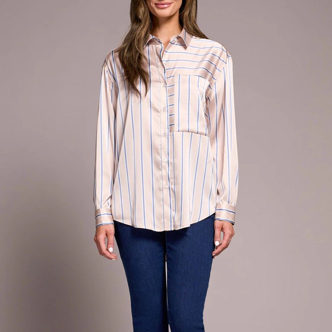 TRIBAL WOMEN'S STRIPED BUTTON SHIRT - BEIGE/BLUE