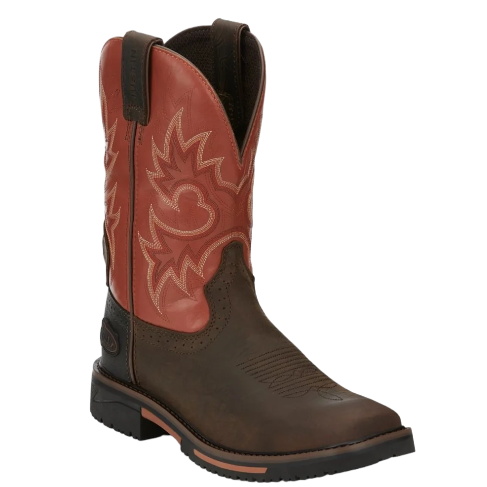 JUSTIN MEN'S BOOT - RUSTIC BROWN WOOD/ORANGE