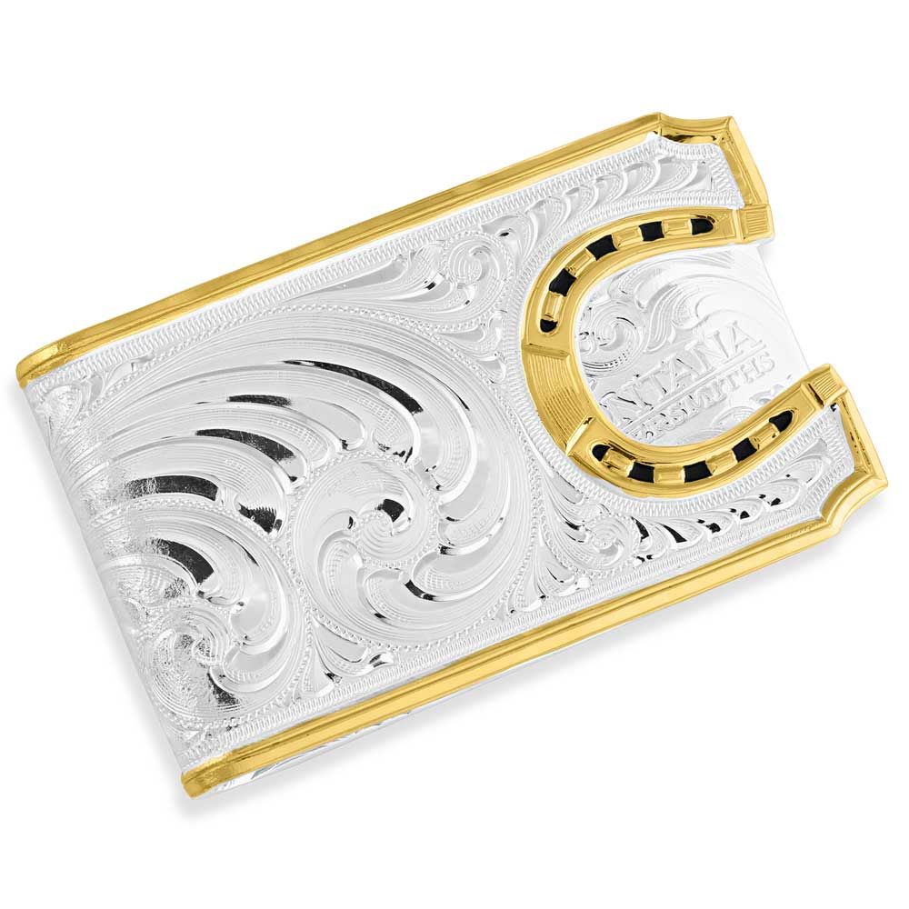 MONTANA SILVERSMITHS TWO - TONE CARVED HORSESHOE MONEY CLIP