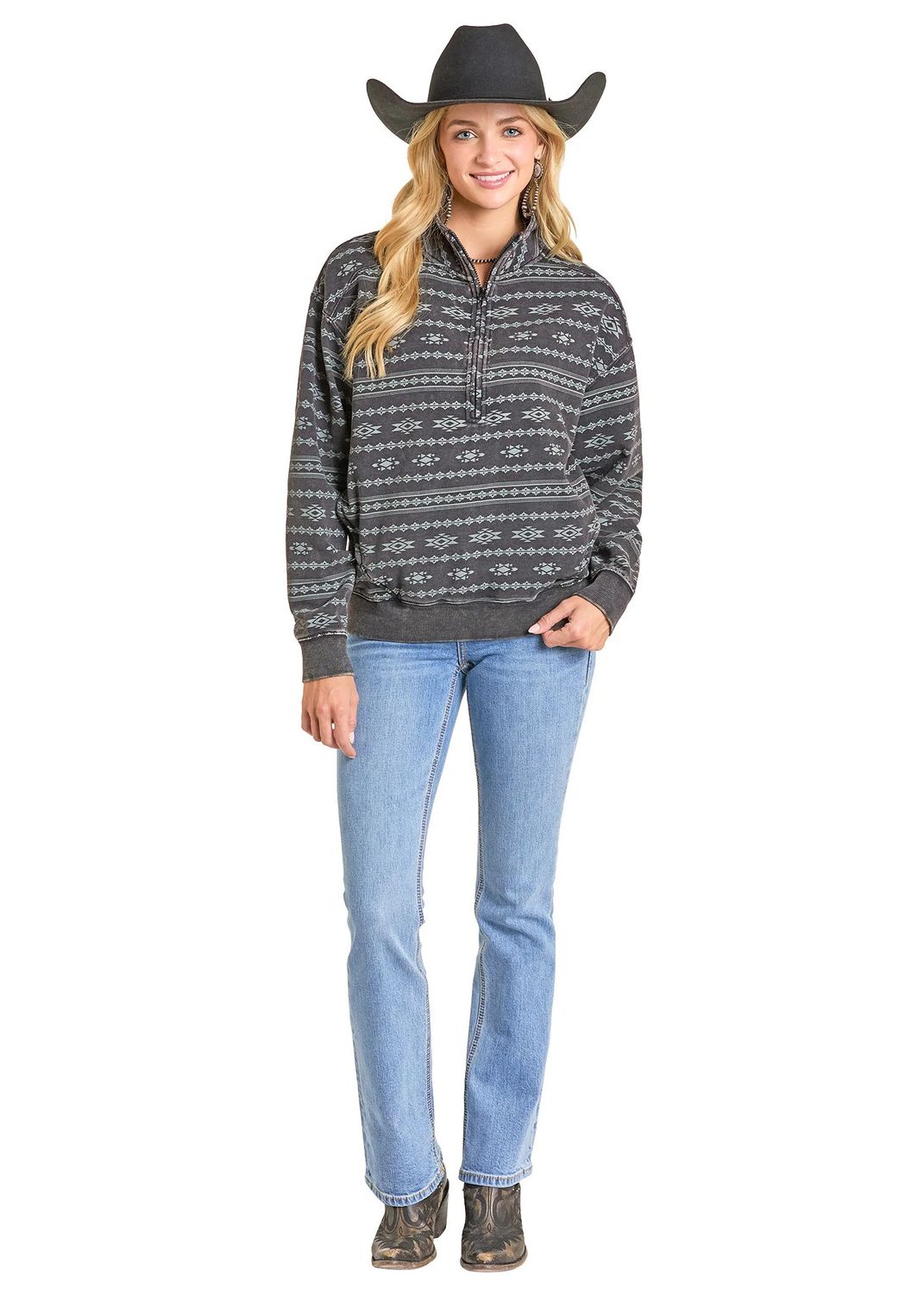 ROCK &amp; ROLL DENIM WOMEN'S 1/4 ZIP AZTEC PRINT PULLOVER - BLACK