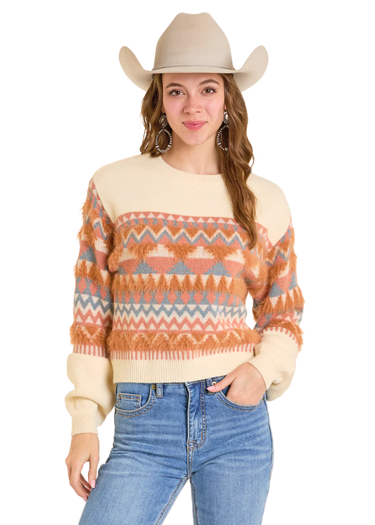 ROCK &amp; ROLL DENIM WOMEN'S GEO - STRIPE SWEATER
