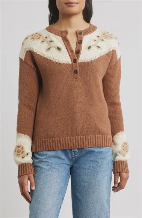 PENDLETON WOMEN'S FLORAL HENLEY SWEATER - SPICE BROWN, SIZE: MEDIUM